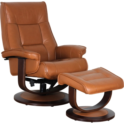 Landry Swivel Pedestal Recliner with Ottoman in Townsend Caramel Top-Grain Leather